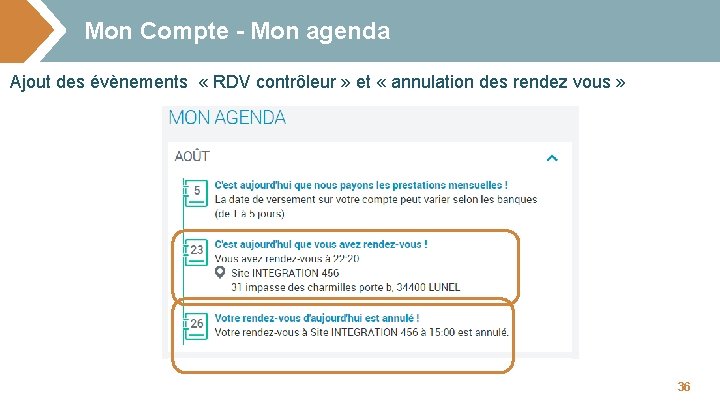 Mon Compte - Mon agenda Ajout des évènements « RDV contrôleur » et «