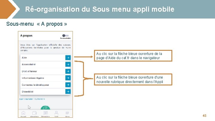 Ré-organisation du Sous menu appli mobile Sous-menu « A propos » Au clic sur