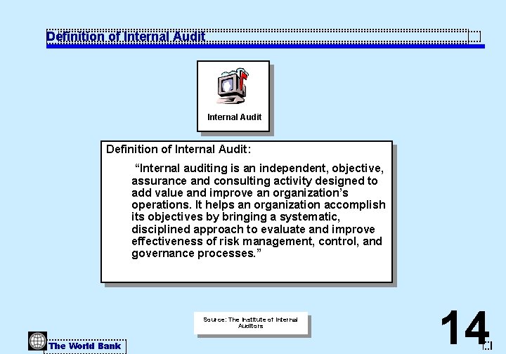 Definition of Internal Audit: “Internal auditing is an independent, objective, assurance and consulting activity