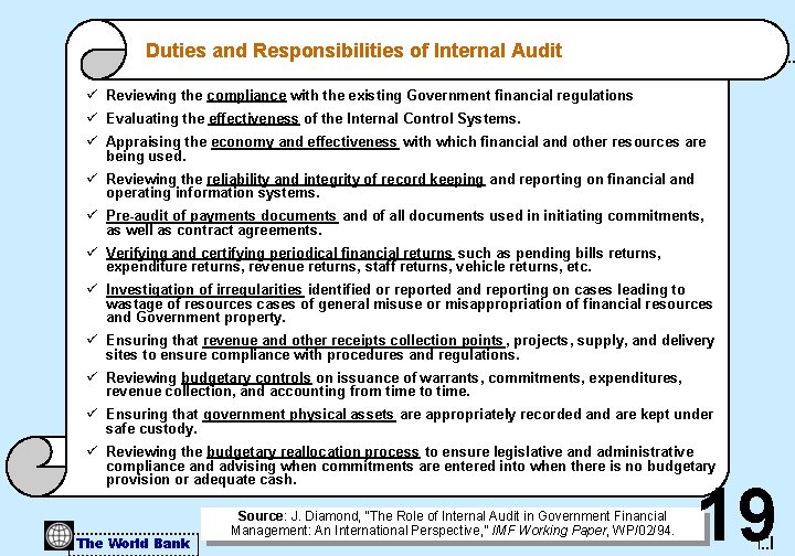 Duties and Responsibilities of Internal Audit ü Reviewing the compliance with the existing Government