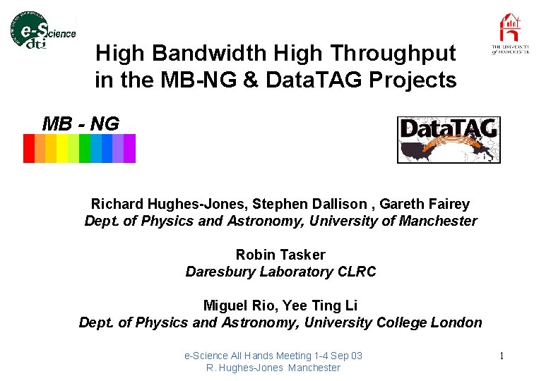 High Bandwidth High Throughput in the MB-NG & Data. TAG Projects MB - NG