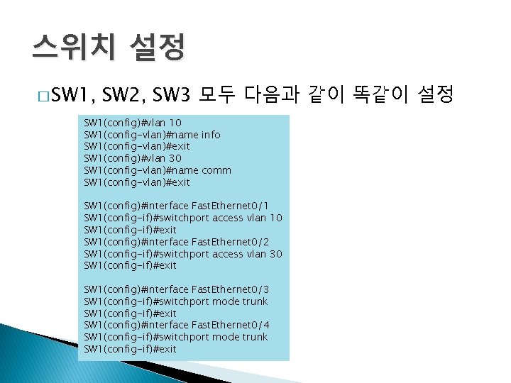 스위치 설정 � SW 1, SW 2, SW 3 모두 다음과 같이 똑같이 설정