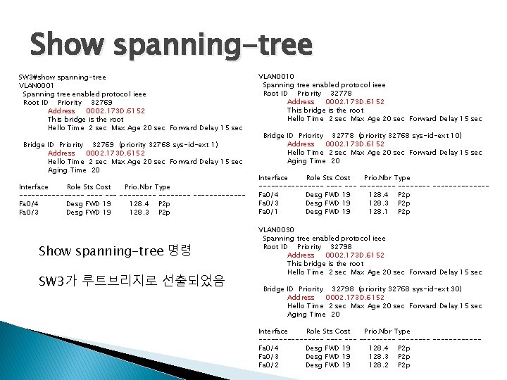 Show spanning-tree SW 3#show spanning-tree VLAN 0001 Spanning tree enabled protocol ieee Root ID