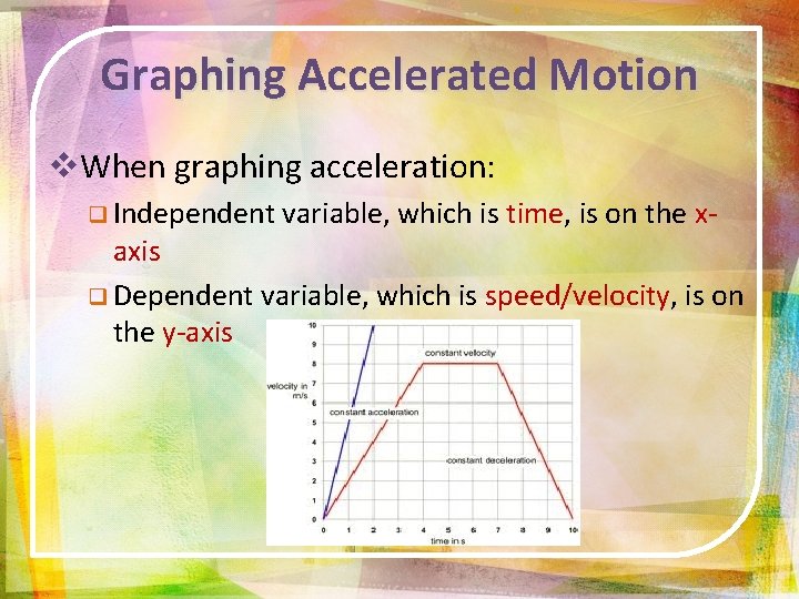 Graphing Accelerated Motion v. When graphing acceleration: q Independent variable, which is time, is