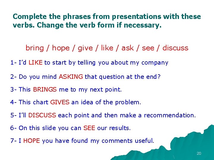 Complete the phrases from presentations with these verbs. Change the verb form if necessary. Complete the phrases from presentations with these verbs. Change the verb form if necessary.