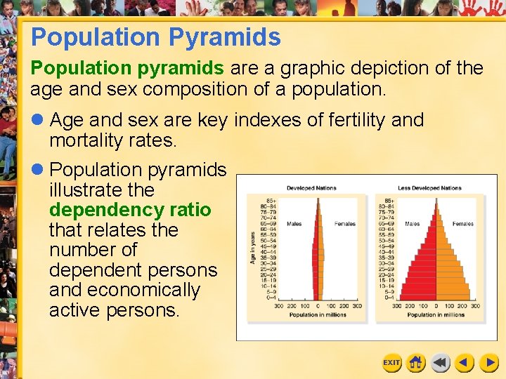 Population Pyramids Population pyramids are a graphic depiction of the age and sex composition