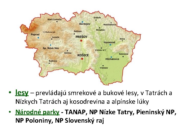  • lesy – prevládajú smrekové a bukové lesy, v Tatrách a Nízkych Tatrách