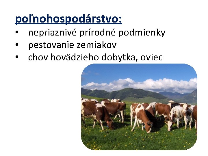poľnohospodárstvo: • nepriaznivé prírodné podmienky • pestovanie zemiakov • chov hovädzieho dobytka, oviec 