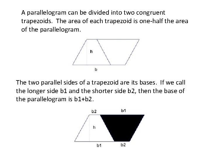 A parallelogram can be divided into two congruent trapezoids. The area of each trapezoid