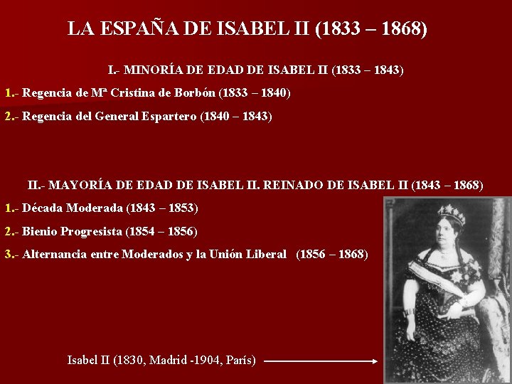 LA ESPAÑA DE ISABEL II (1833 – 1868) I. - MINORÍA DE EDAD DE