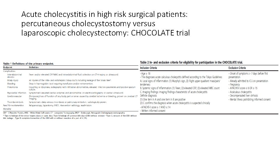 Acute cholecystitis in high risk surgical patients: percutaneous cholecystostomy versus laparoscopic cholecystectomy: CHOCOLATE trial