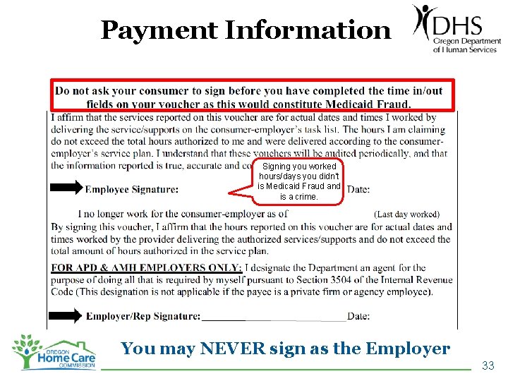 Payment Information Signing you worked hours/days you didn’t is Medicaid Fraud and is a