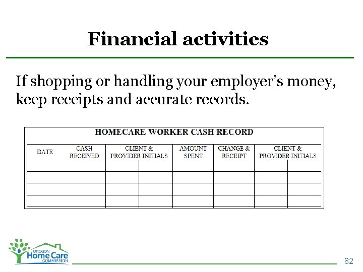 Financial activities If shopping or handling your employer’s money, keep receipts and accurate records.