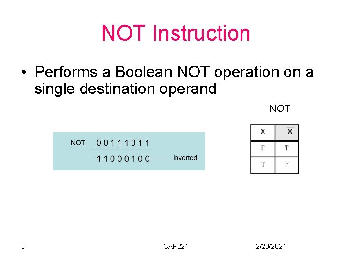 NOT Instruction • Performs a Boolean NOT operation on a single destination operand NOT