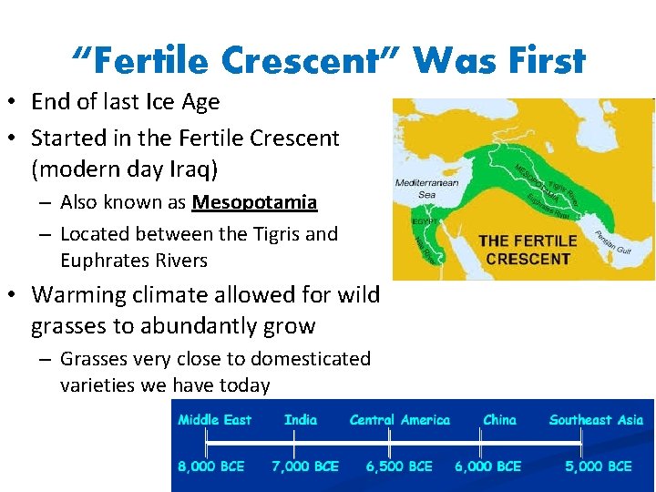 “Fertile Crescent” Was First • End of last Ice Age • Started in the