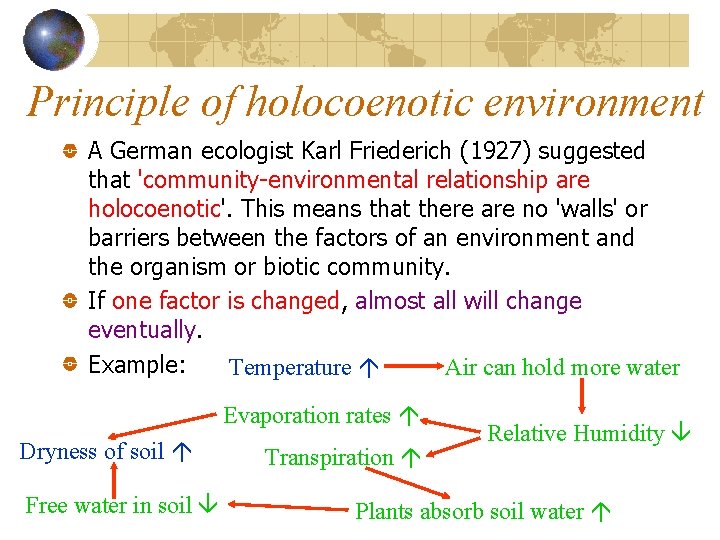 Principle of holocoenotic environment A German ecologist Karl Friederich (1927) suggested that 'community-environmental relationship
