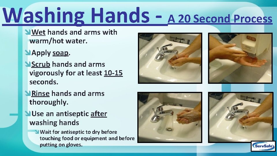 Washing Hands - A 20 Second Process Wet hands and arms with warm/hot water.