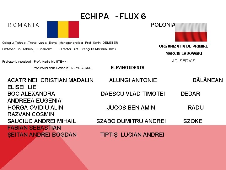 ECHIPA - FLUX 6 POLONIA ROMANIA Colegiul Tehnic , , Transilvania’’ Deva Manager proiect