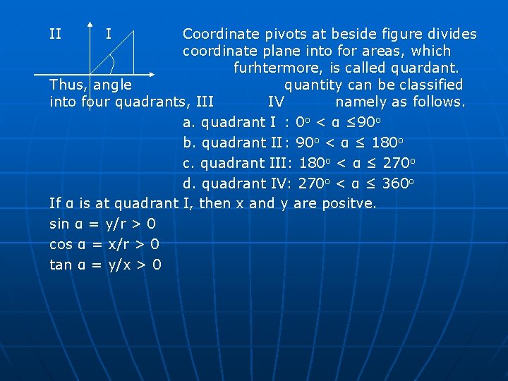 II I Coordinate pivots at beside figure divides coordinate plane into for areas, which