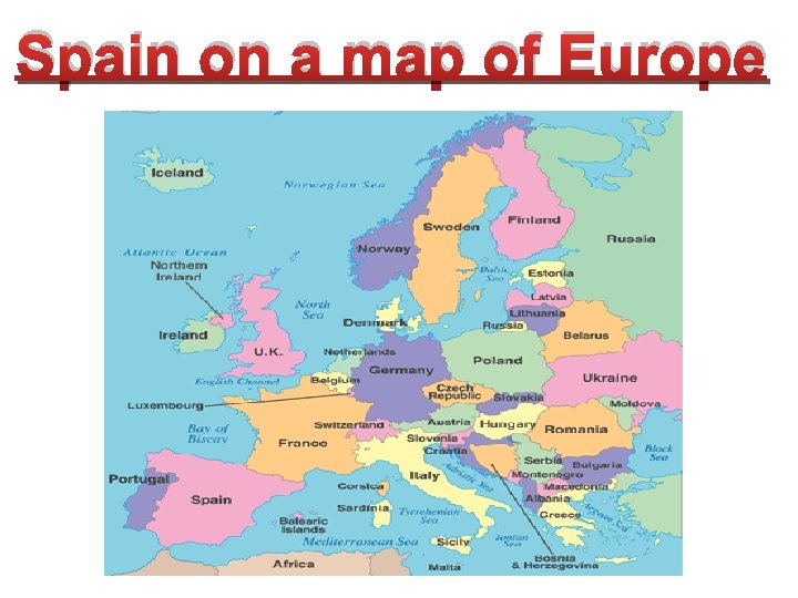 Spain on a map of Europe 