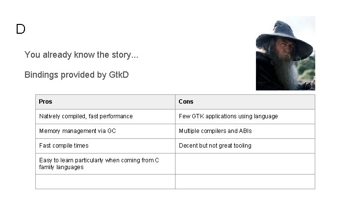 D You already know the story. . . Bindings provided by Gtk. D Pros