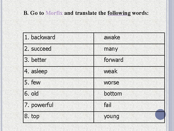 B. Go to Morfix and translate the following words: 1. backward awake 2. succeed B. Go to Morfix and translate the following words: 1. backward awake 2. succeed