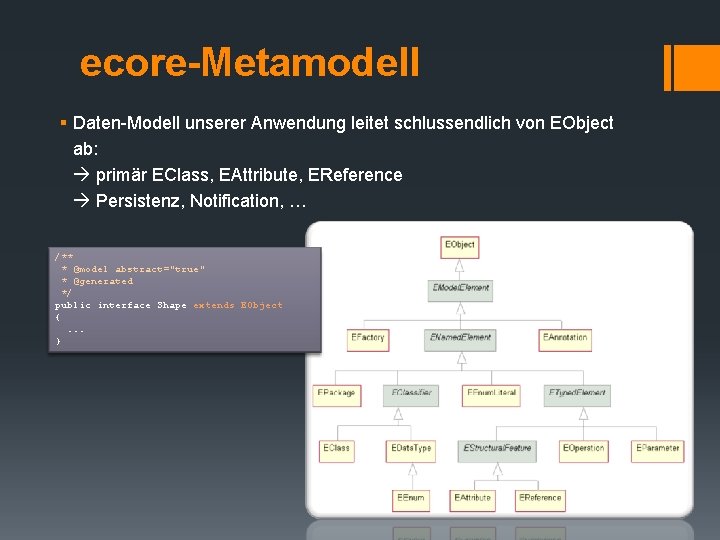 ecore-Metamodell § Daten-Modell unserer Anwendung leitet schlussendlich von EObject ab: primär EClass, EAttribute, EReference ecore-Metamodell § Daten-Modell unserer Anwendung leitet schlussendlich von EObject ab: primär EClass, EAttribute, EReference