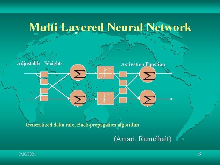 Multi Layered Neural Network Adjustable　Weights Activation Function . . Generalized delta rule, Back-propagation algorithm