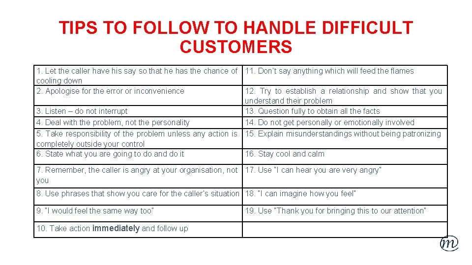 TIPS TO FOLLOW TO HANDLE DIFFICULT CUSTOMERS 1. Let the caller have his say