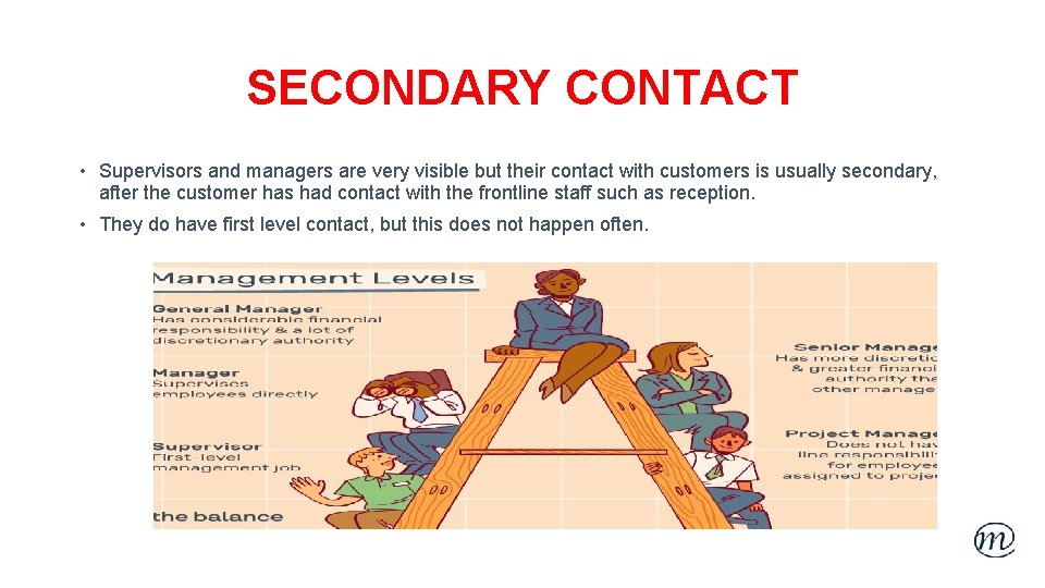 SECONDARY CONTACT • Supervisors and managers are very visible but their contact with customers