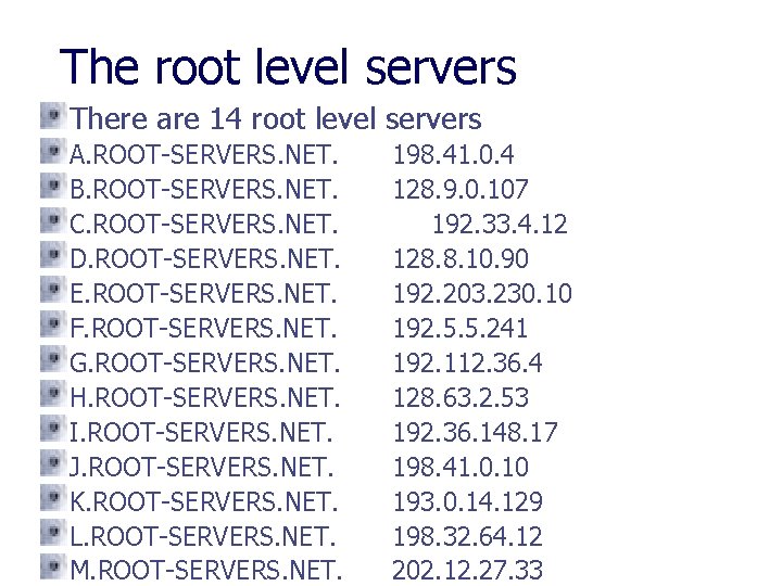 The root level servers There are 14 root level servers A. ROOT-SERVERS. NET. B.