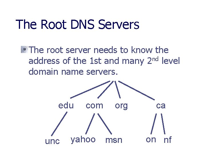 The Root DNS Servers The root server needs to know the address of the