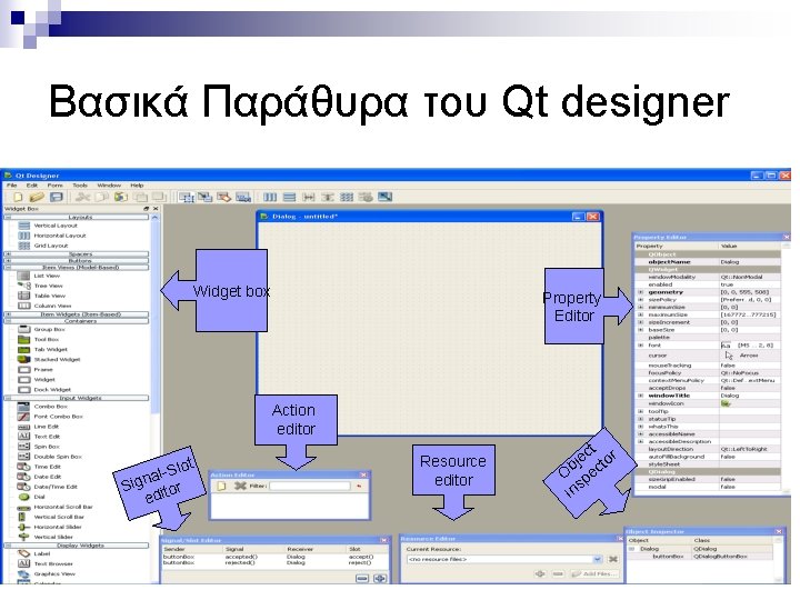 Βασικά Παράθυρα του Qt designer Widget box Property Editor Action editor Slot l a