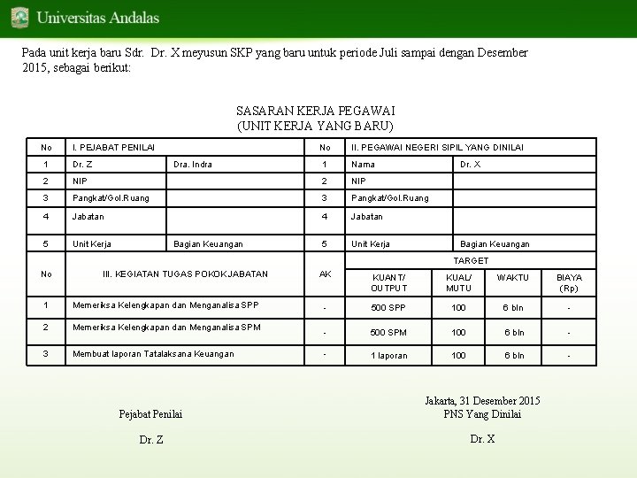 Pada unit kerja baru Sdr. Dr. X meyusun SKP yang baru untuk periode Juli