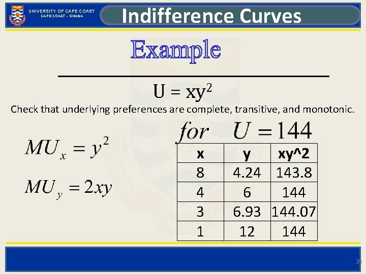 UNIVERSITY OF CAPE COAST - GHANA Indifference Curves U = xy 2 Check that