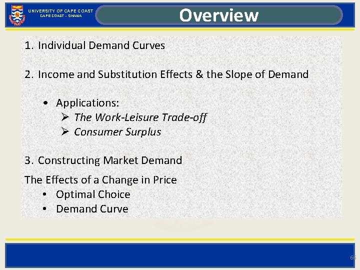 UNIVERSITY OF CAPE COAST - GHANA Overview 1. Individual Demand Curves 2. Income and