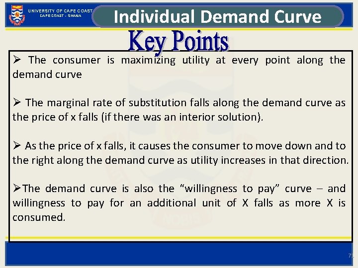 UNIVERSITY OF CAPE COAST - GHANA Individual Demand Curve Ø The consumer is maximizing