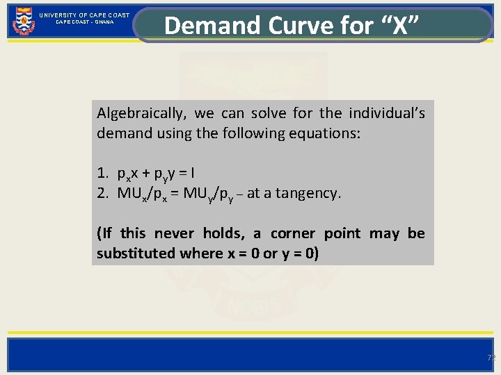 UNIVERSITY OF CAPE COAST - GHANA Demand Curve for “X” Algebraically, we can solve