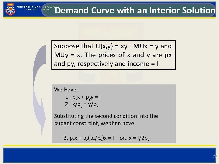 Demand Curve with an Interior Solution UNIVERSITY OF CAPE COAST - GHANA Suppose that