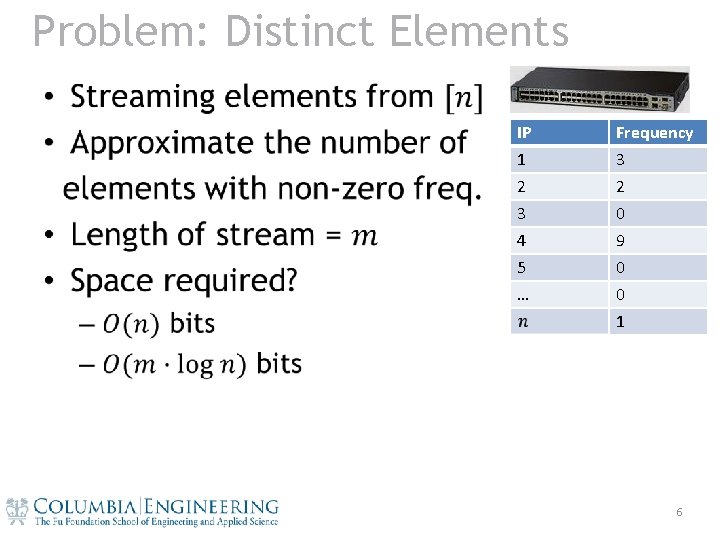 Problem: Distinct Elements • IP Frequency 1 3 2 2 3 0 4 9