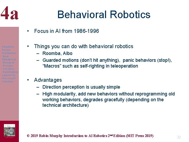 4 a Behavioral Robotics • Focus in AI from 1986 -1996 Objectives Review Architecture