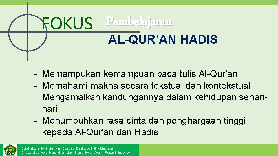 Pembelajaran FOKUS AL-QUR’AN HADIS - Memampukan kemampuan baca tulis Al-Qur’an - Memahami makna secara