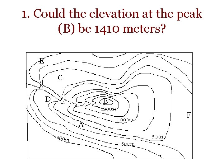 1. Could the elevation at the peak (B) be 1410 meters? E C D