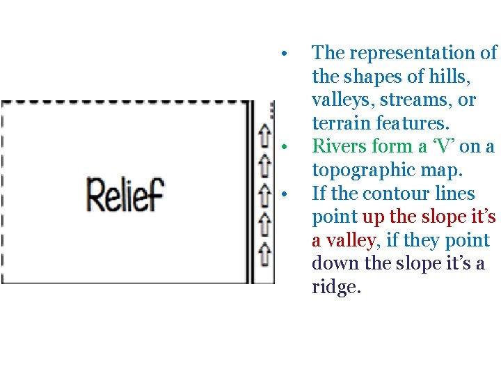  • • • The representation of the shapes of hills, valleys, streams, or