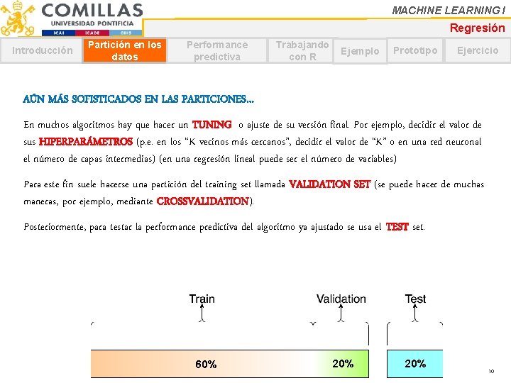 MACHINE LEARNING I Regresión Introducción Partición en los datos Performance predictiva Trabajando con R