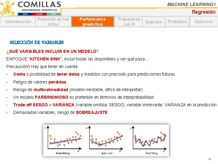 MACHINE LEARNING I Regresión Introducción Partición en los datos Performance predictiva Trabajando con R