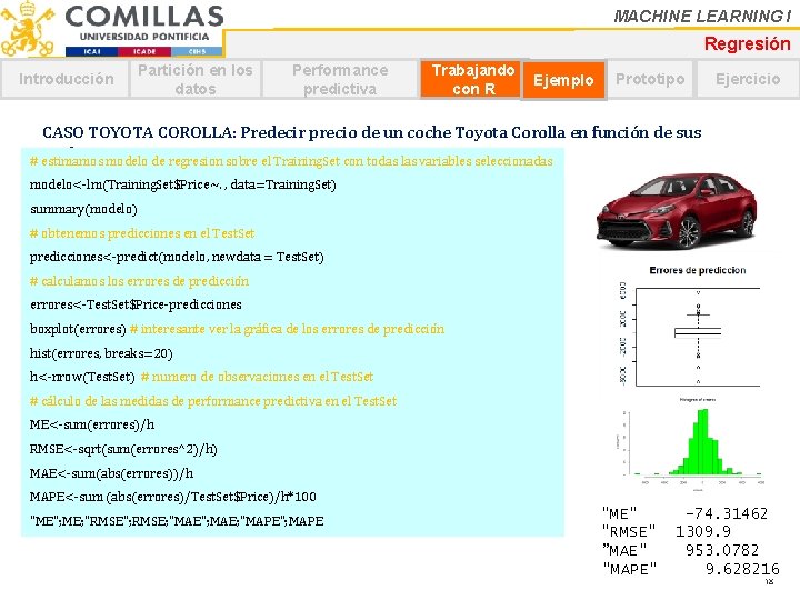 MACHINE LEARNING I Regresión Introducción Partición en los datos Performance predictiva Trabajando con R