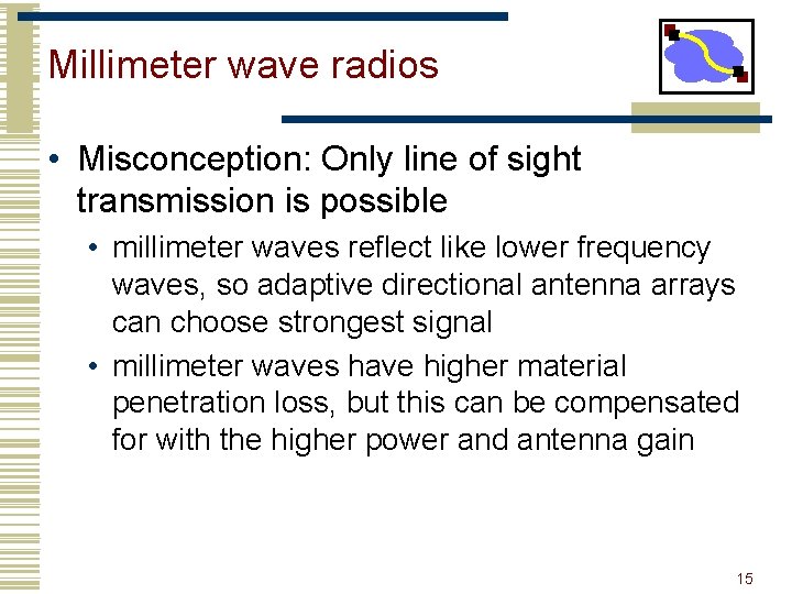 Millimeter wave radios • Misconception: Only line of sight transmission is possible • millimeter