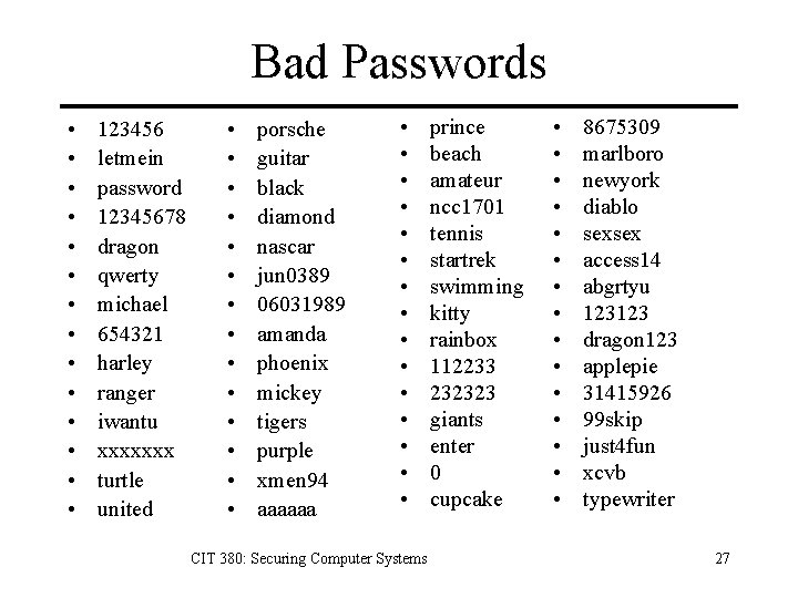 Bad Passwords • • • • 123456 letmein password 12345678 dragon qwerty michael 654321