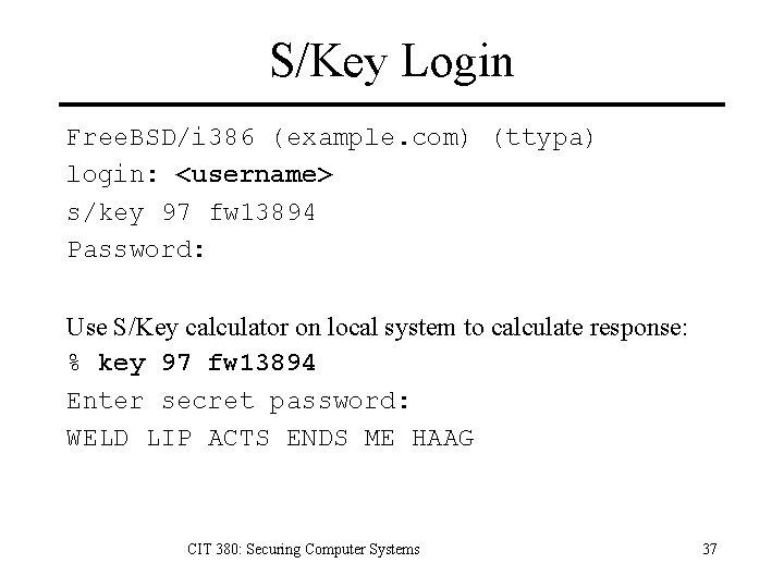 S/Key Login Free. BSD/i 386 (example. com) (ttypa) login: <username> s/key 97 fw 13894